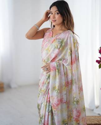 Women's multicolor chinon digital printed designer saree with blouse 4