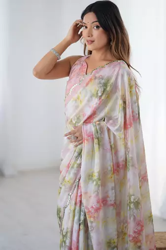 Women's multicolor chinon digital printed designer saree with blouse