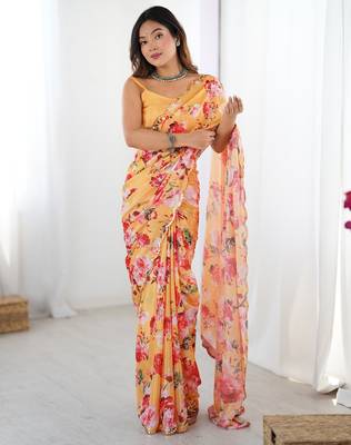 Women's yellow chinon digital printed designer saree with blouse 1