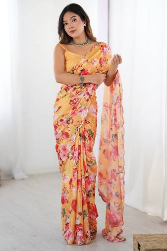 Women's yellow chinon digital printed designer saree with blouse
