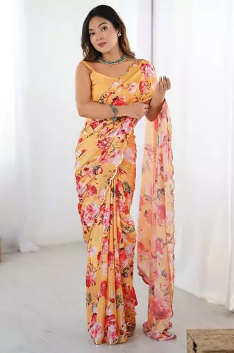 Women's yellow chinon digital printed designer saree with blouse