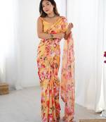Women's yellow chinon digital printed designer saree with blouse