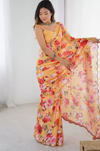 Women's yellow chinon digital printed designer saree with blouse