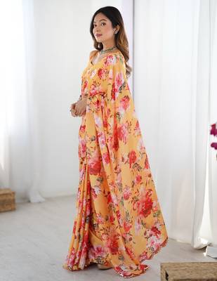 Women's yellow chinon digital printed designer saree with blouse 3
