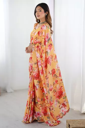 Women's yellow chinon digital printed designer saree with blouse