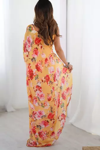 Women's yellow chinon digital printed designer saree with blouse