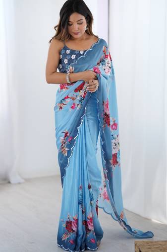 Women's sky blue chinon digital printed designer saree with blouse