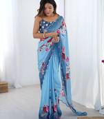 Women's sky blue chinon digital printed designer saree with blouse
