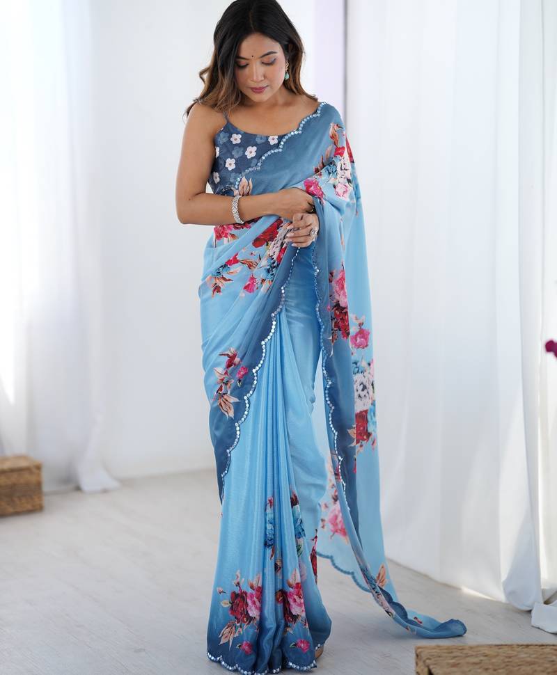 Women's sky blue chinon digital printed designer saree with blouse
