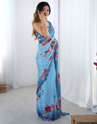 Women's sky blue chinon digital printed designer saree with blouse 2