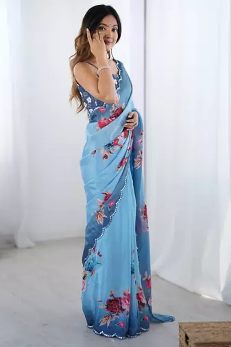 Women's sky blue chinon digital printed designer saree with blouse