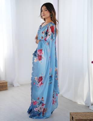 Women's sky blue chinon digital printed designer saree with blouse 3