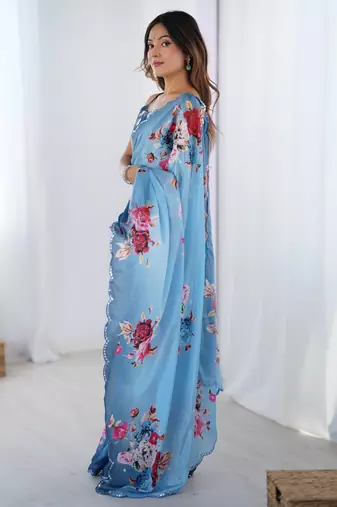 Women's sky blue chinon digital printed designer saree with blouse