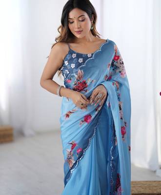Women's sky blue chinon digital printed designer saree with blouse 4