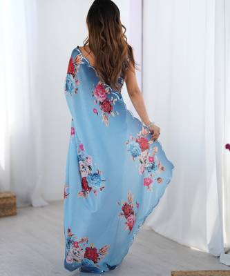 Women's sky blue chinon digital printed designer saree with blouse 5