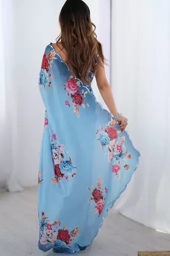 Women's sky blue chinon digital printed designer saree with blouse