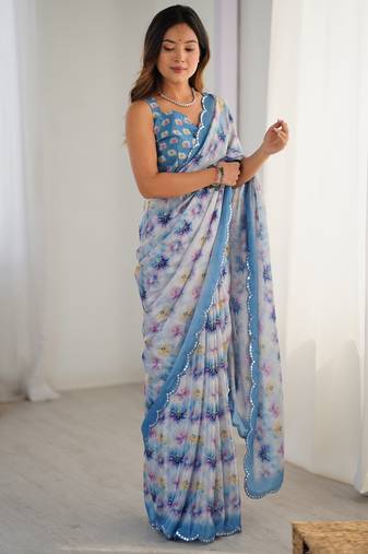 Women's blue chinon digital printed designer saree with blouse