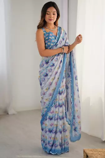 Women's blue chinon digital printed designer saree with blouse