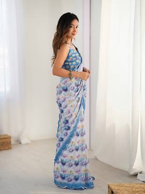 Women's blue chinon digital printed designer saree with blouse 2