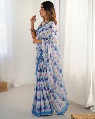 Women's blue chinon digital printed designer saree with blouse 3