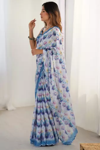 Women's blue chinon digital printed designer saree with blouse