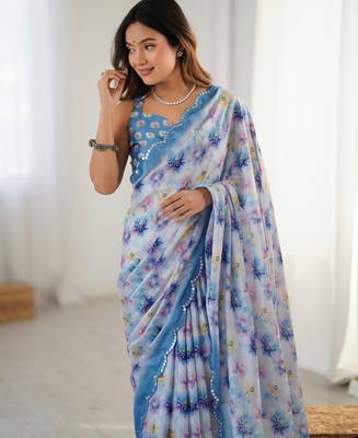 Women's blue chinon digital printed designer saree with blouse 4