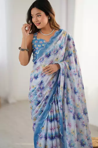 Women's blue chinon digital printed designer saree with blouse