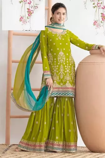Light green chinon silk semi stitched wedding suits