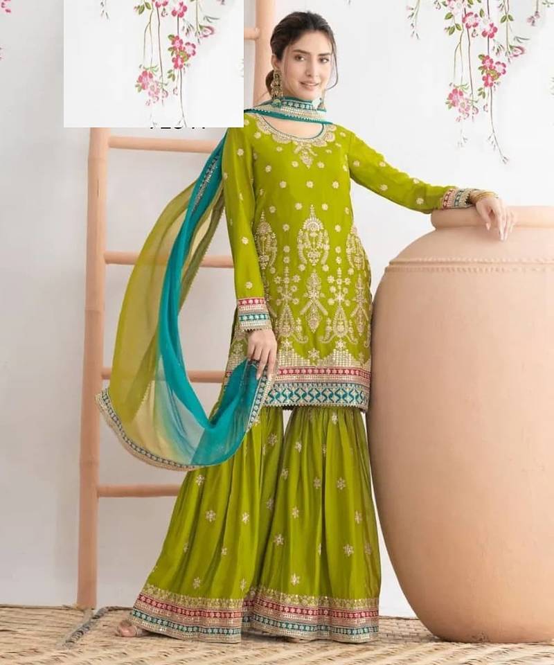 Light green chinon silk semi stitched wedding suits