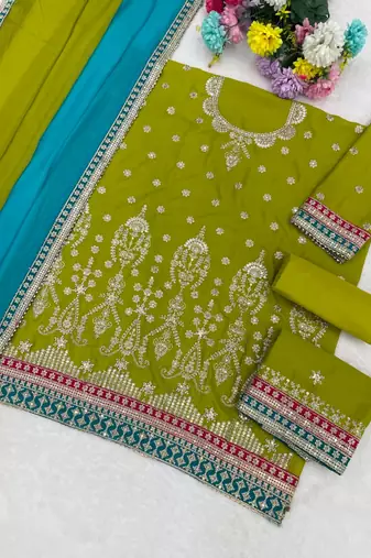 Light green chinon silk semi stitched wedding suits