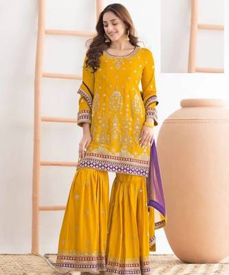 Yellow chinon silk semi stitched wedding suits 1