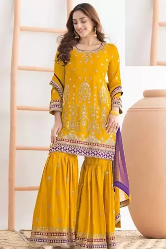Yellow chinon silk semi stitched wedding suits