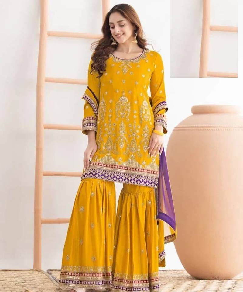 Yellow chinon silk  wedding suits