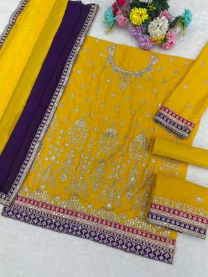 Yellow chinon silk semi stitched wedding suits 2