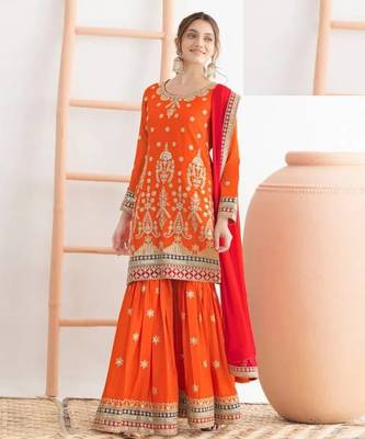 Orange chinon silk semi stitched wedding suits 1