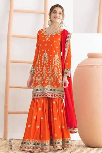 Orange chinon silk semi stitched wedding suits