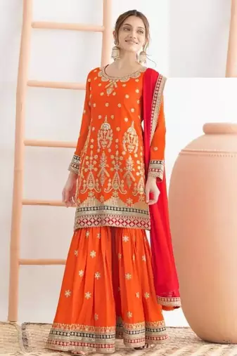 Orange chinon silk semi stitched wedding suits
