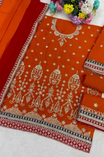 Orange chinon silk semi stitched wedding suits