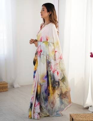Women's multicolor chinon digital printed designer saree with blouse 3