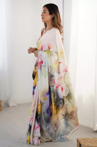 Women's multicolor chinon digital printed designer saree with blouse