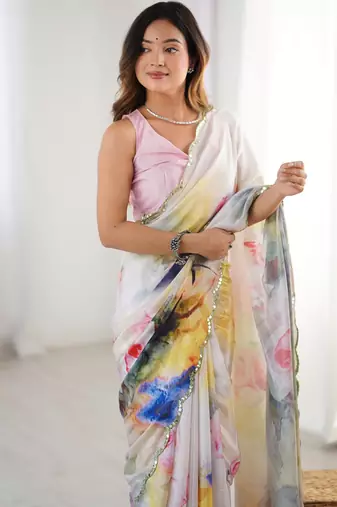 Women's multicolor chinon digital printed designer saree with blouse