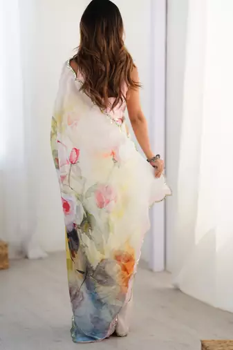 Women's multicolor chinon digital printed designer saree with blouse