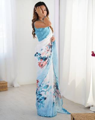 Women's sky blue chinon digital printed designer saree with blouse 2