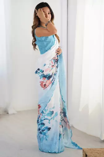 Women's sky blue chinon digital printed designer saree with blouse