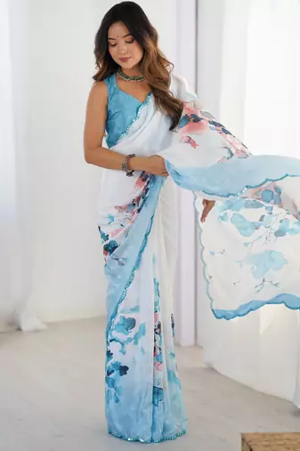 Women's sky blue chinon digital printed designer saree with blouse