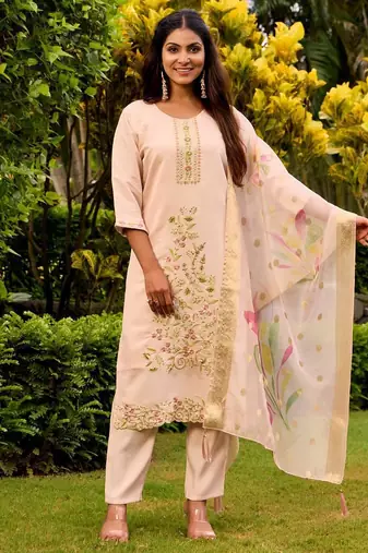 peach embroidered roman straight kurta pant and dupatta set