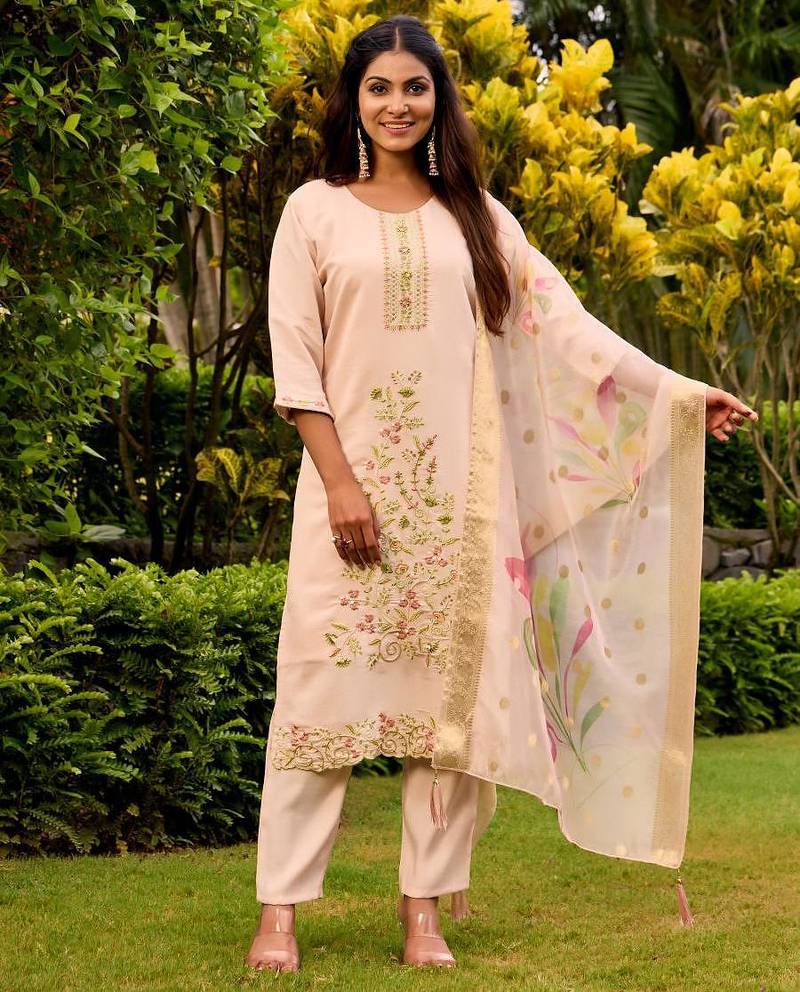 peach embroidered roman straight kurta pant and dupatta set