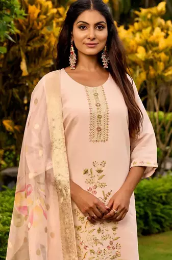 peach embroidered roman straight kurta pant and dupatta set