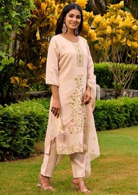 peach embroidered roman straight kurta pant and dupatta set 3