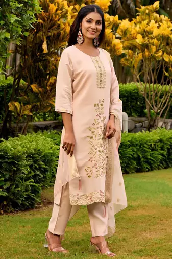 peach embroidered roman straight kurta pant and dupatta set